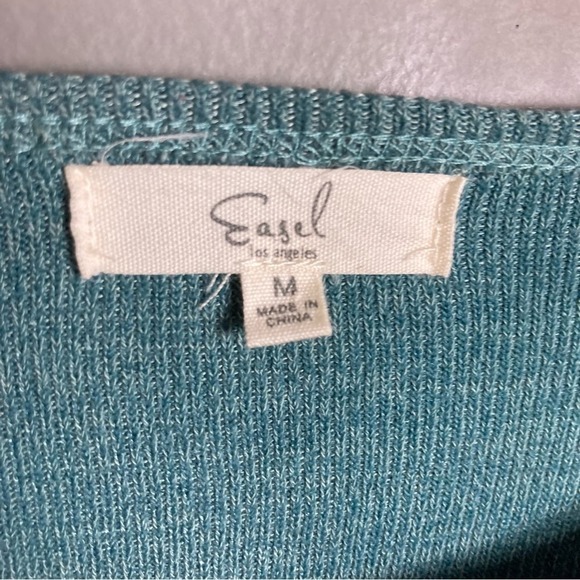 Easel sweater "Indiana Dunes"‎ blue crochet mixed print knit sleeves size medium - Picture 8 of 9